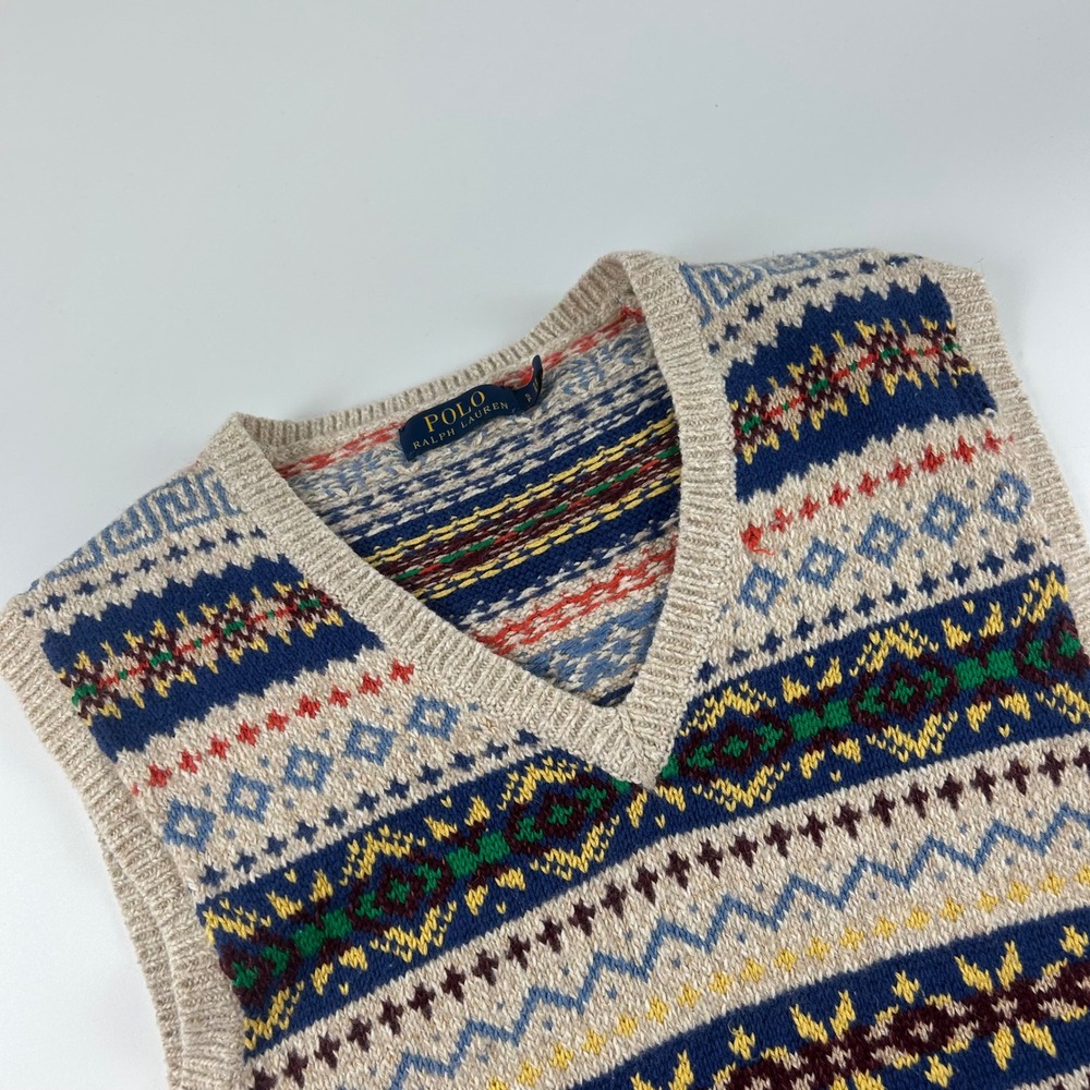 Polo Ralph Lauren Mens S Fair Isle Sweater Vest Cotton Linen Cashmere Tan Preppy